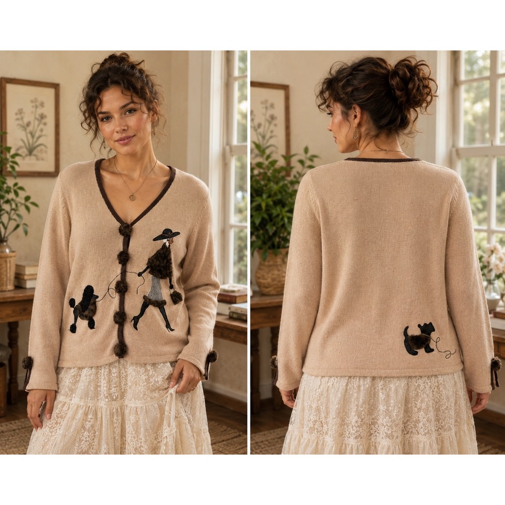 Mandal Bay Cardigan Women L Tan Vintage Poodle Faux Fur Novelty Pom Pom Sweater
